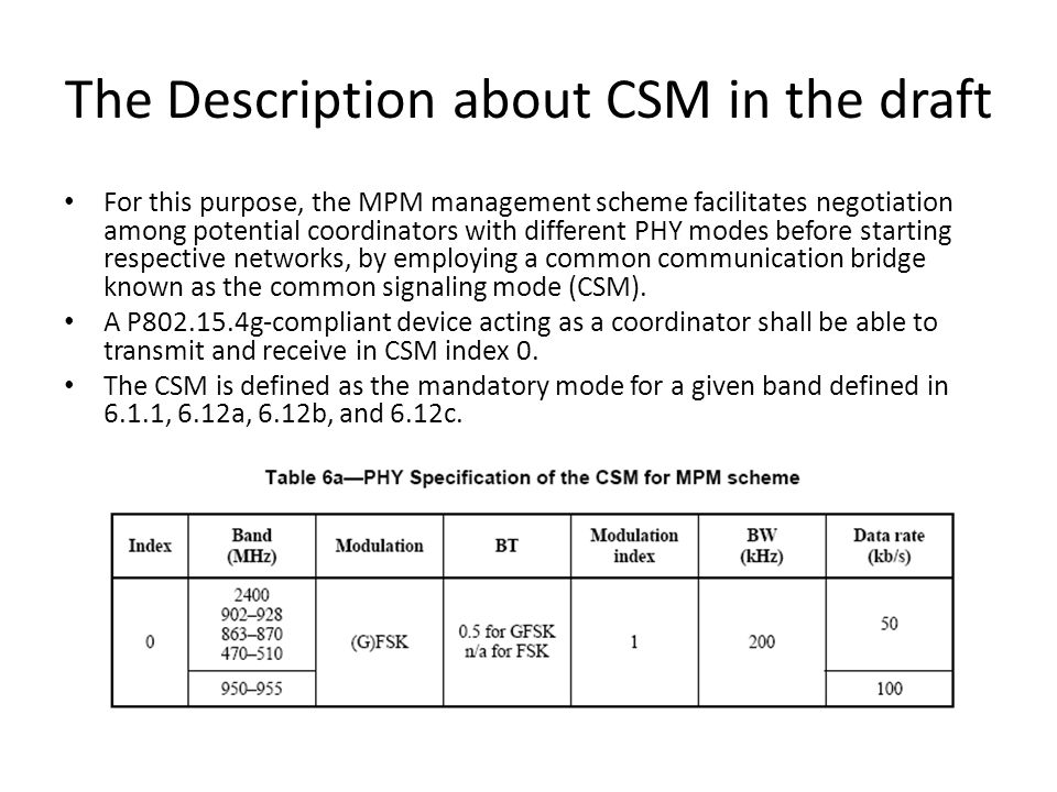 The Description about CSM in the draft For this purpose, the MPM management scheme facilitates negotiation among potential coordinators with different PHY modes before starting respective networks, by employing a common communication bridge known as the common signaling mode (CSM).