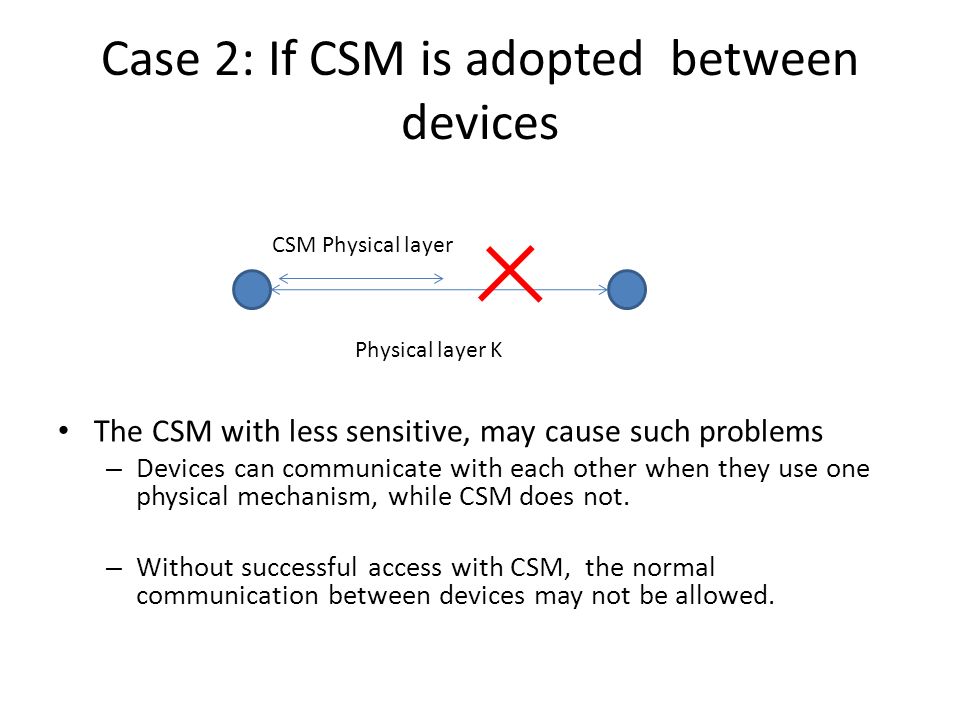 Case 2: If CSM is adopted between devices The CSM with less sensitive, may cause such problems – Devices can communicate with each other when they use one physical mechanism, while CSM does not.