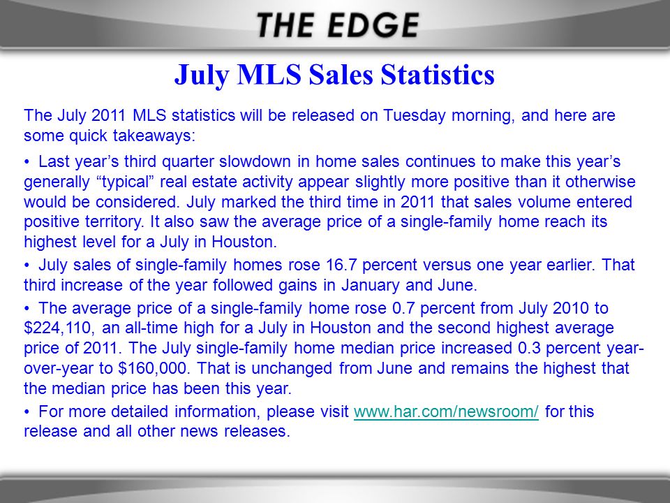 The July 2011 MLS statistics will be released on Tuesday morning, and here are some quick takeaways: Last year’s third quarter slowdown in home sales continues. - ppt download - 웹
