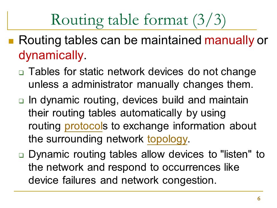 Routing table format (3/3) Routing tables can be maintained manually or dynamically.