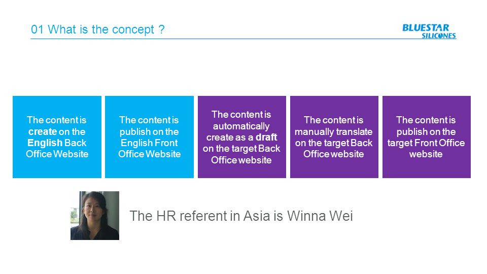 The content is create on the English Back Office Website The content is publish on the English Front Office Website The content is automatically create as a draft on the target Back Office website The content is manually translate on the target Back Office website The content is publish on the target Front Office website The HR referent in Asia is Winna Wei