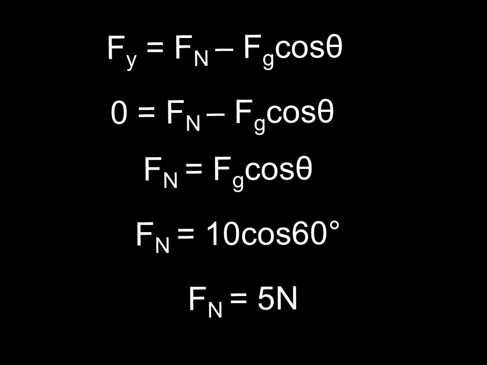 F y = F N – F g cosθ F N = F g cosθ 0 = F N – F g cosθ F N = 10cos60° F N = 5N