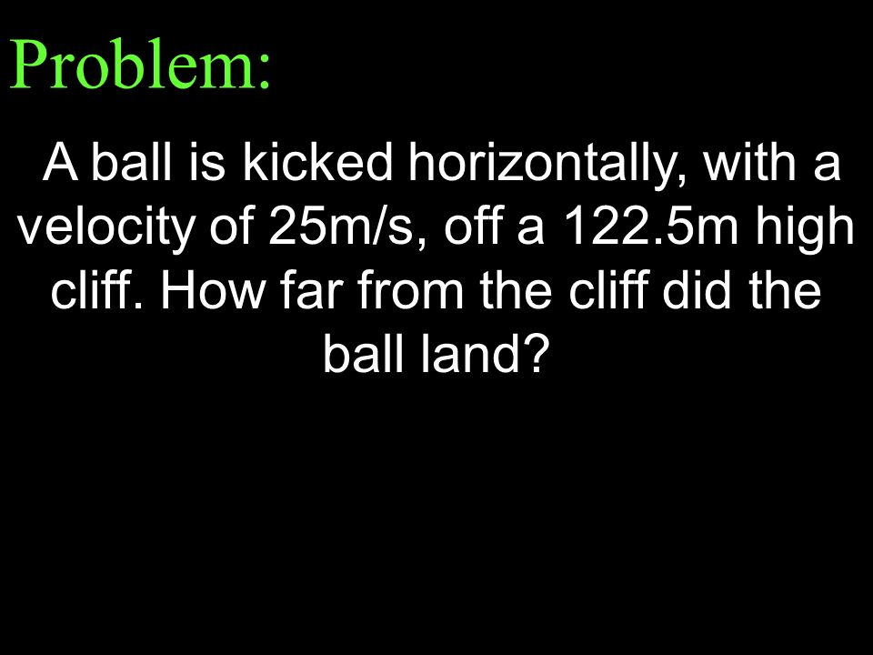 Problem: A ball is kicked horizontally, with a velocity of 25m/s, off a 122.5m high cliff.