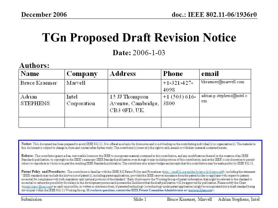 doc.: IEEE /1936r0 Submission December 2006 Bruce Kraemer, Marvell Adrian Stephens, IntelSlide 1 TGn Proposed Draft Revision Notice Notice: This document has been prepared to assist IEEE