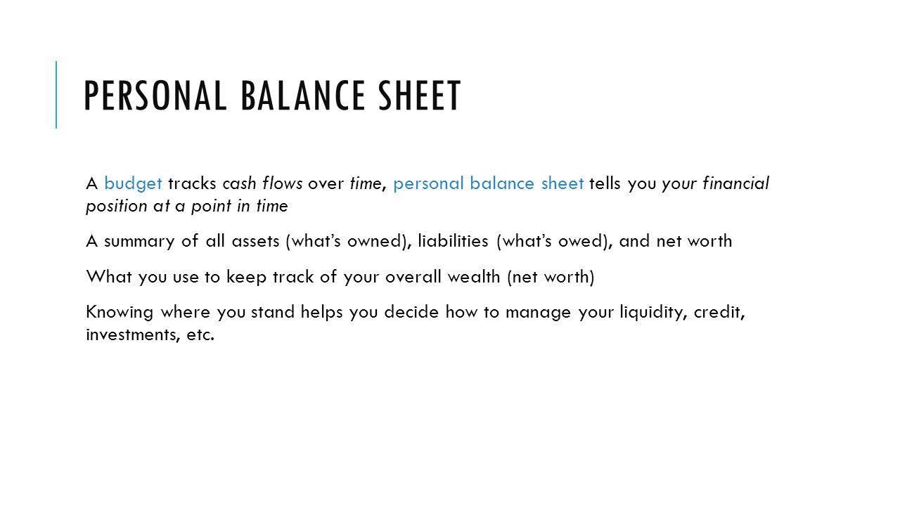budgets and balance sheets chapter 4 objectives explain the steps personal budget balance sheet