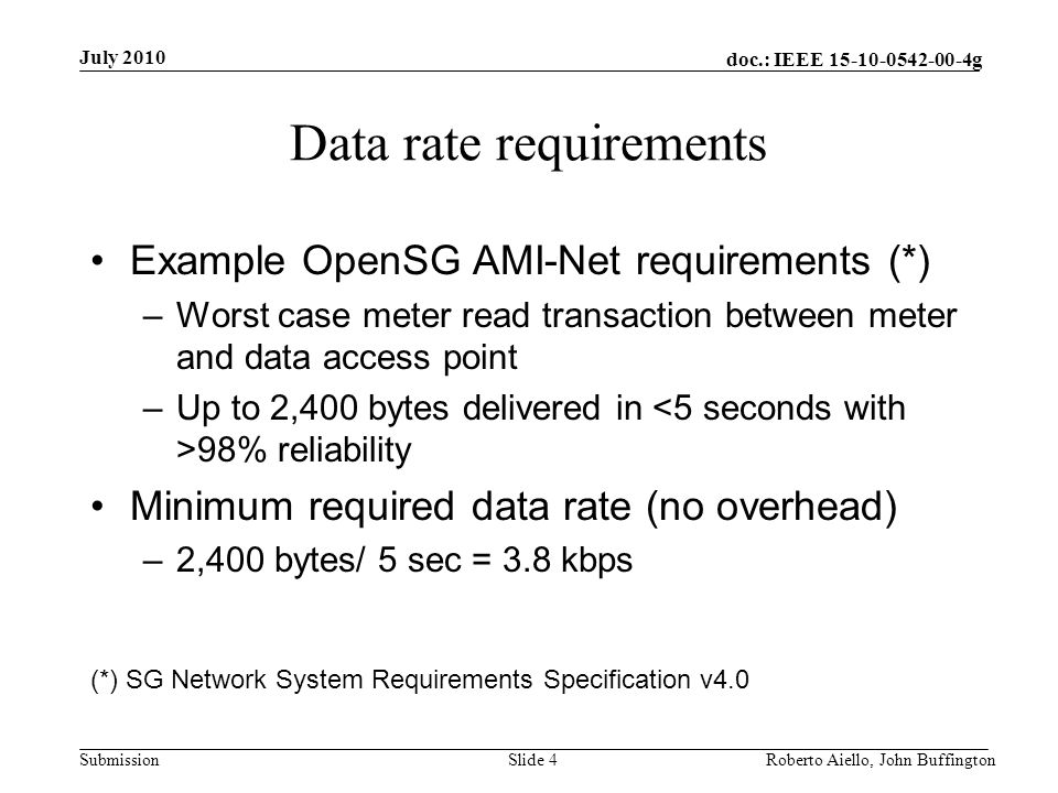 doc.: IEEE g Submission Data rate requirements Example OpenSG AMI-Net requirements (*) –Worst case meter read transaction between meter and data access point –Up to 2,400 bytes delivered in 98% reliability Minimum required data rate (no overhead) –2,400 bytes/ 5 sec = 3.8 kbps (*) SG Network System Requirements Specification v4.0 July 2010 Roberto Aiello, John BuffingtonSlide 4