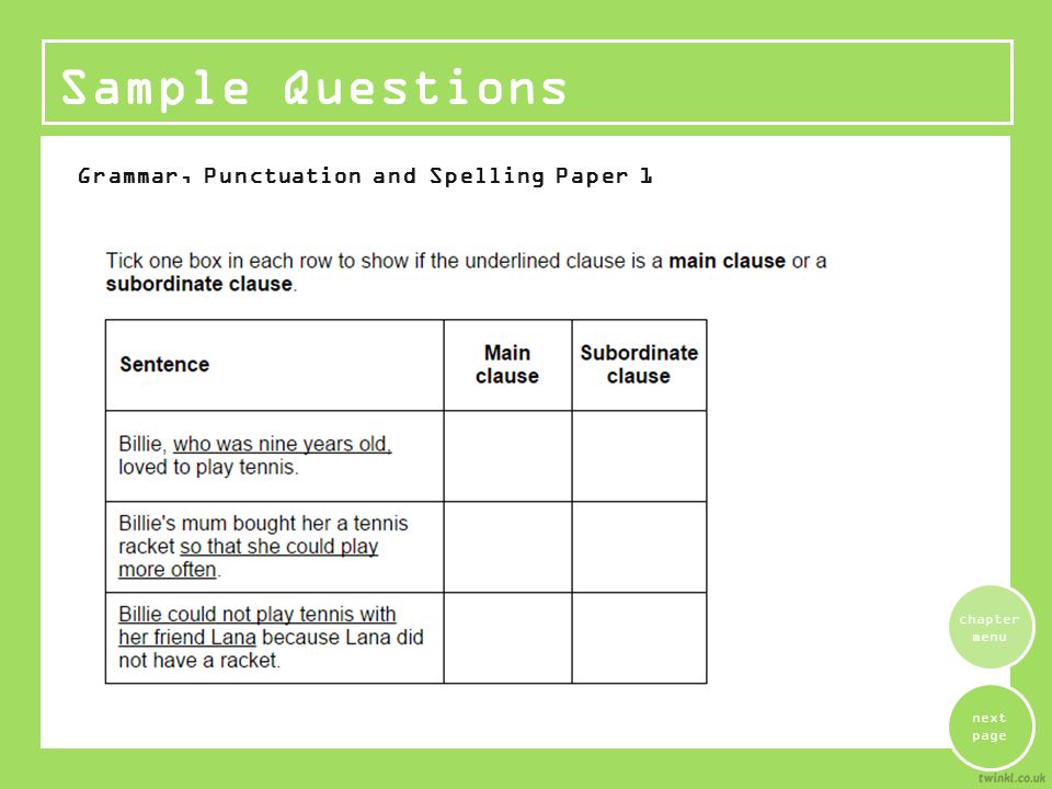 Grammar, Punctuation and Spelling Paper 1 Sample Questions next page chapter menu
