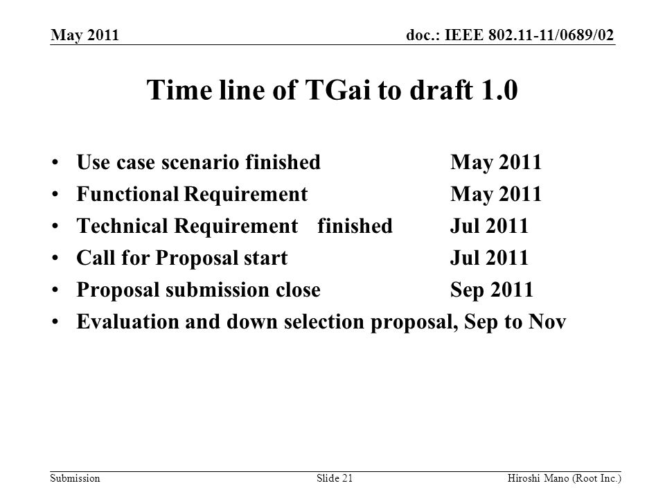 doc.: IEEE /0689/02 Submission Time line of TGai to draft 1.0 Use case scenario finished May 2011 Functional RequirementMay 2011 Technical Requirement finishedJul 2011 Call for Proposal startJul 2011 Proposal submission closeSep 2011 Evaluation and down selection proposal, Sep to Nov May 2011 Hiroshi Mano (Root Inc.)Slide 21
