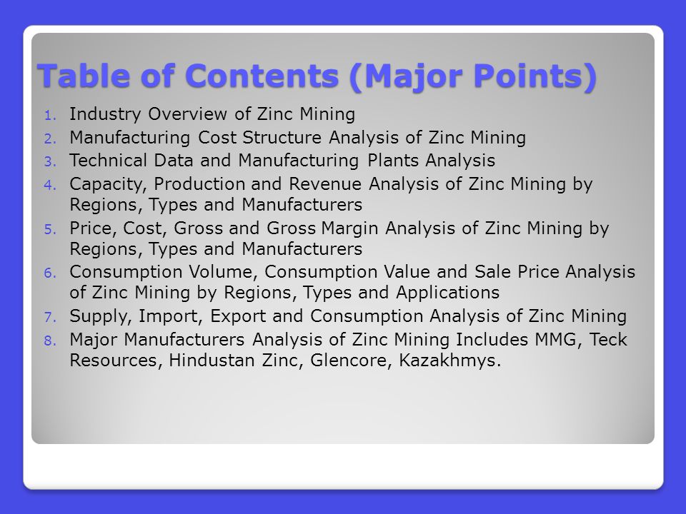Table of Contents (Major Points) 1. Industry Overview of Zinc Mining 2.