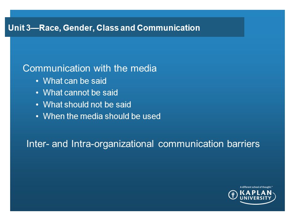 Unit 3—Race, Gender, Class and Communication Communication with the media What can be said What cannot be said What should not be said When the media should be used Inter- and Intra-organizational communication barriers