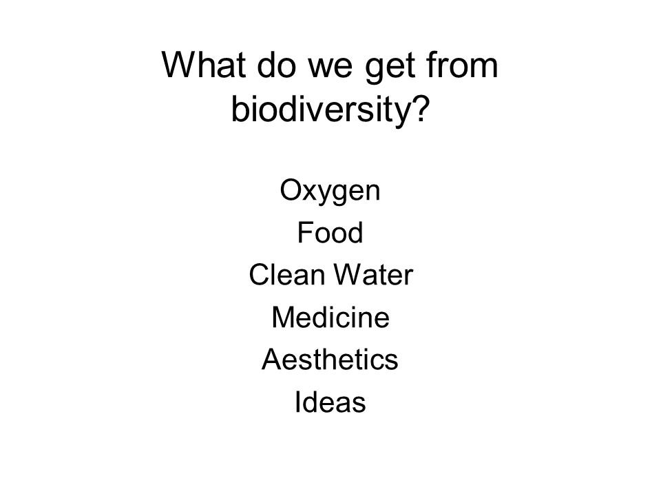 What do we get from biodiversity Oxygen Food Clean Water Medicine Aesthetics Ideas