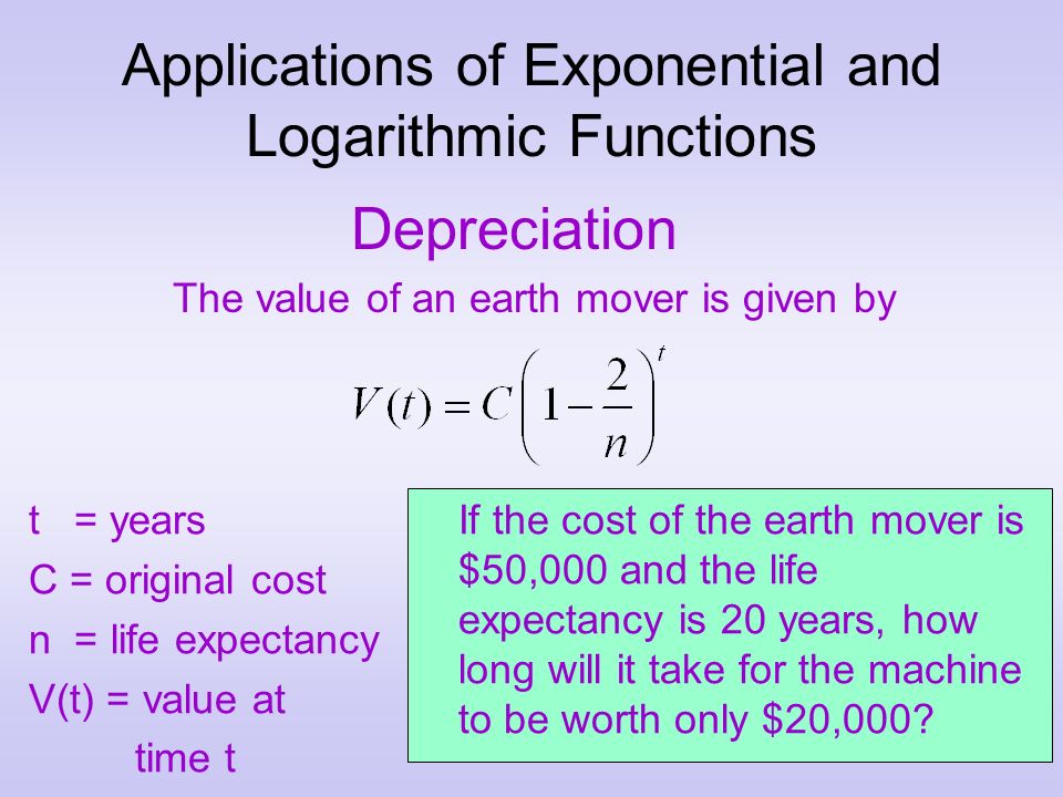 Applications of Exponential and Logarithmic Functions Depreciation The value of an earth mover is given by t = years C = original cost n = life expectancy V(t) = value at time t If the cost of the earth mover is $50,000 and the life expectancy is 20 years, how long will it take for the machine to be worth only $20,000