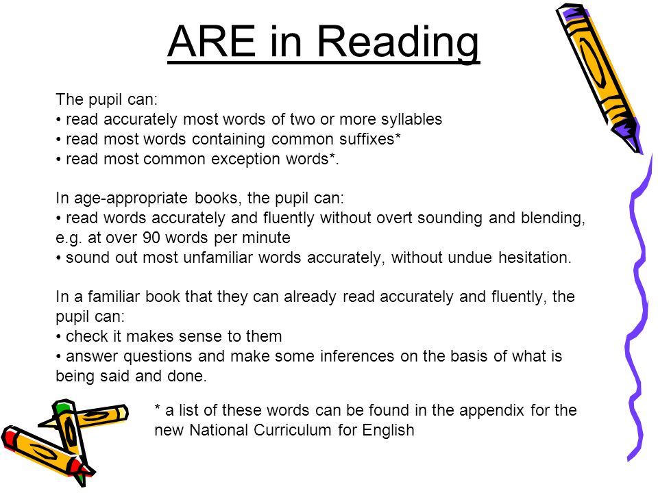 The pupil can: read accurately most words of two or more syllables read most words containing common suffixes* read most common exception words*.