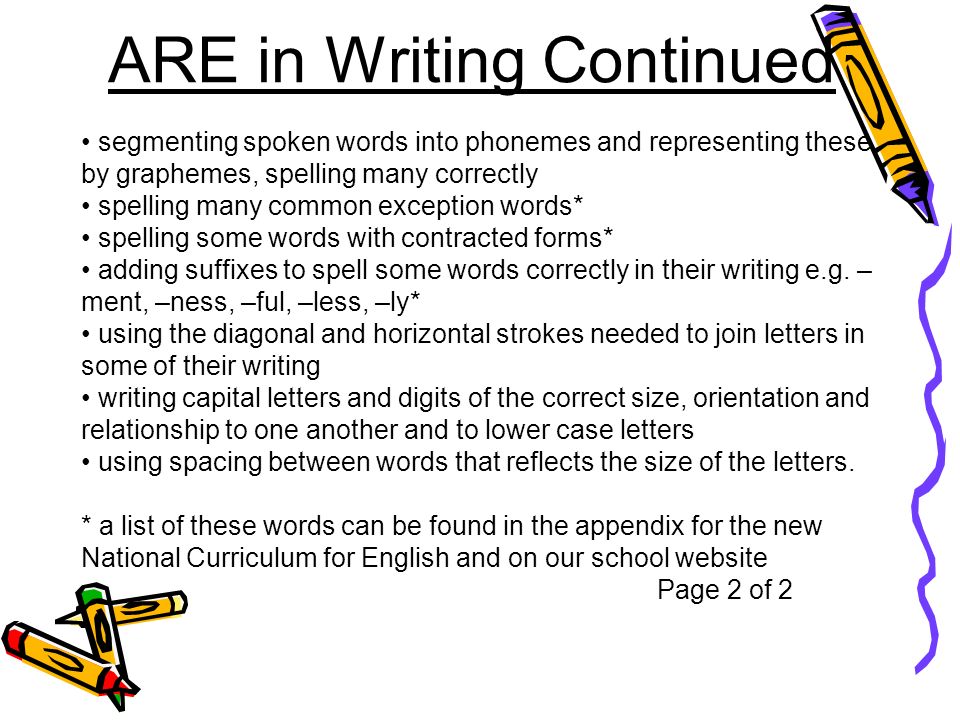 segmenting spoken words into phonemes and representing these by graphemes, spelling many correctly spelling many common exception words* spelling some words with contracted forms* adding suffixes to spell some words correctly in their writing e.g.