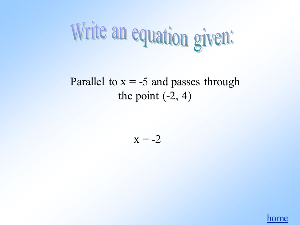 home Parallel to x = -5 and passes through the point (-2, 4) x = -2