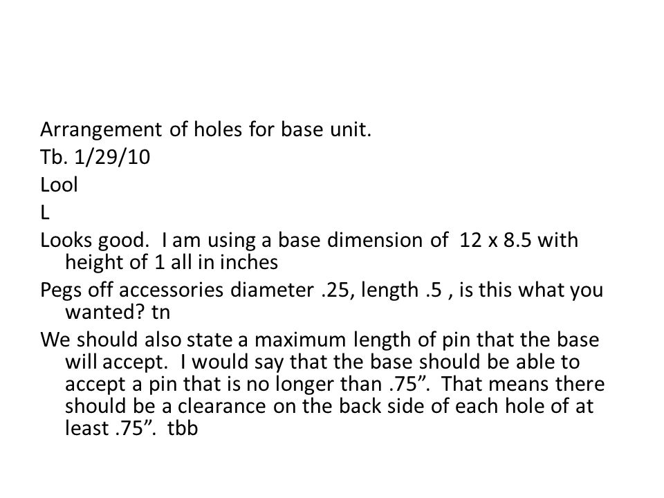 Arrangement of holes for base unit. Tb. 1/29/10 Lool L Looks good.
