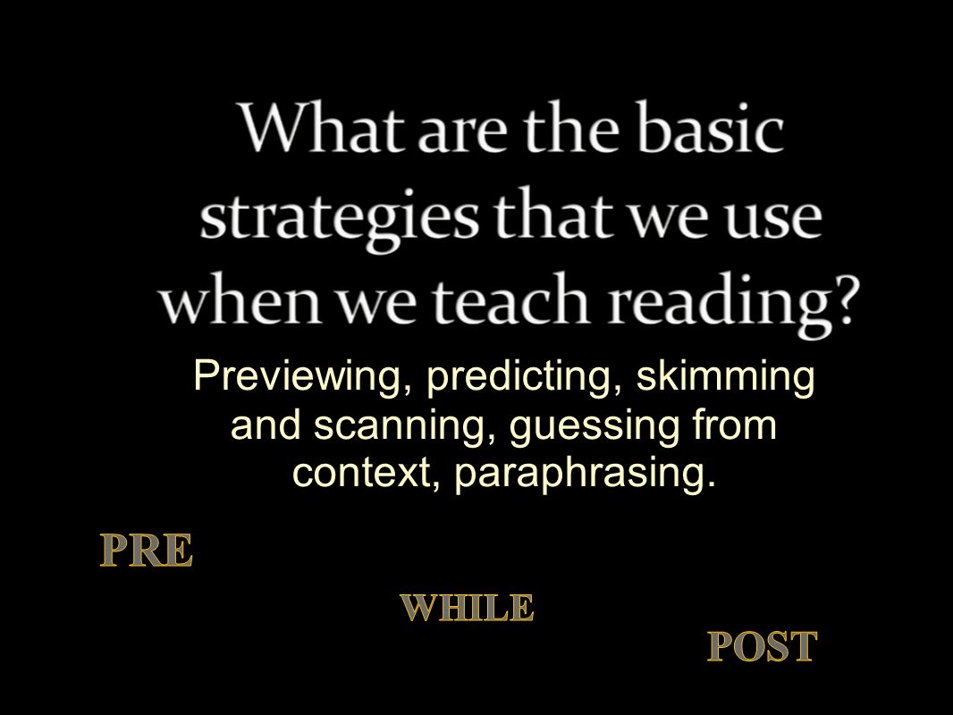 Previewing, predicting, skimming and scanning, guessing from context, paraphrasing.