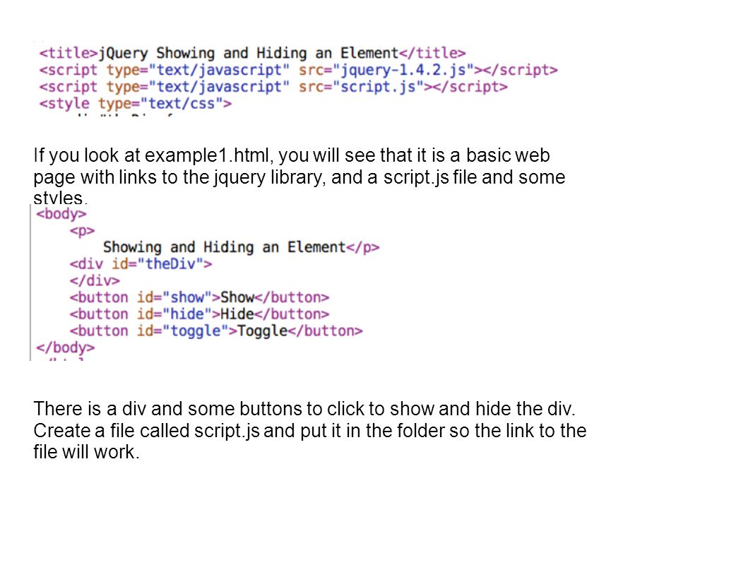 JQuery Animation. If you look at you see that it is a basic web page with links to the jquery library, and a script.js file and - ppt download