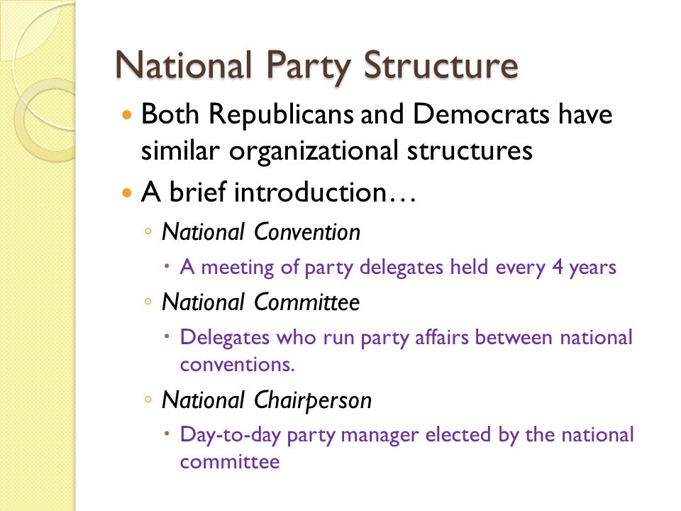 National Party Structure Today. National Party Structure Both Republicans  and Democrats have similar organizational structures A brief introduction…  ◦ - ppt download
