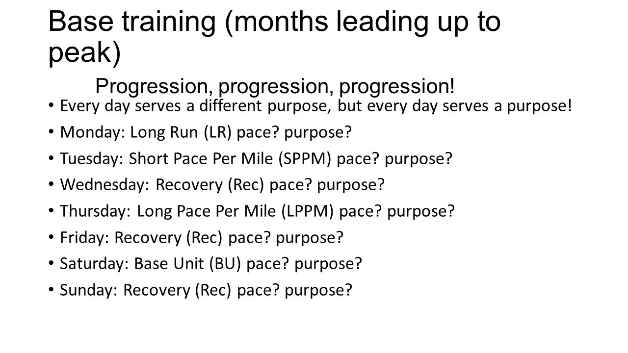 Base training (months leading up to peak) Progression, progression, progression.