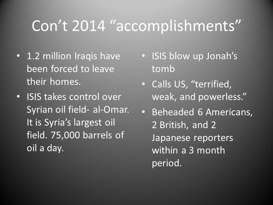 Con’t 2014 accomplishments 1.2 million Iraqis have been forced to leave their homes.