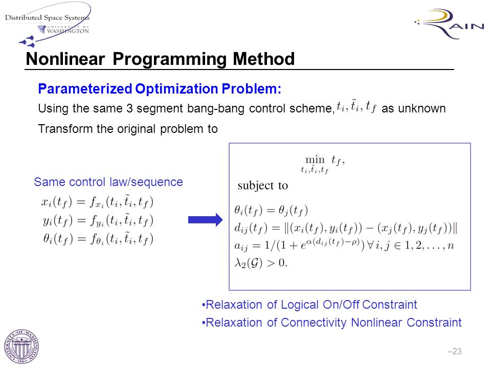 Nonlinear Programming Method –23 Parameterized Optimization Problem: Transform the original problem to Using the same 3 segment bang-bang control scheme,as unknown Same control law/sequence Relaxation of Logical On/Off Constraint Relaxation of Connectivity Nonlinear Constraint