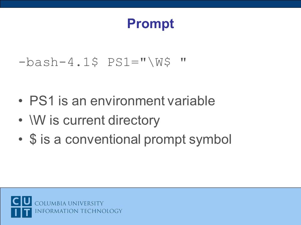 Prompt -bash-4.1$ PS1= \W$ PS1 is an environment variable \W is current directory $ is a conventional prompt symbol