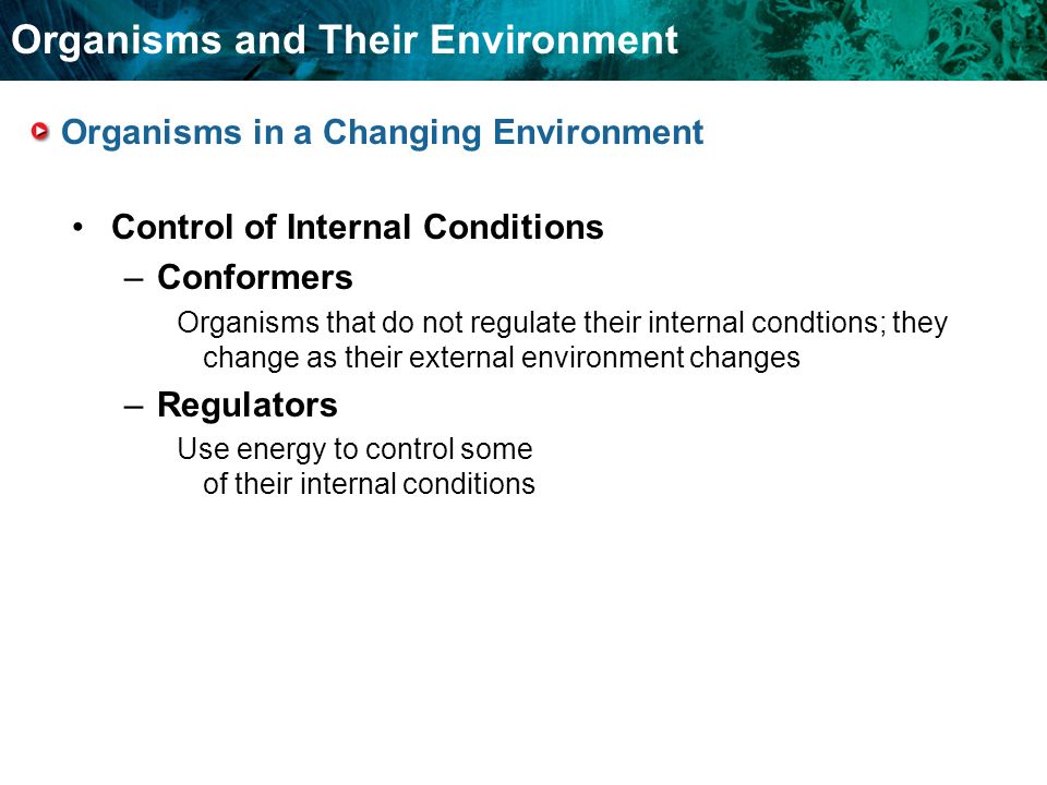 Organisms and Their Environment Organisms in a Changing Environment Control of Internal Conditions –Conformers Organisms that do not regulate their internal condtions; they change as their external environment changes –Regulators Use energy to control some of their internal conditions