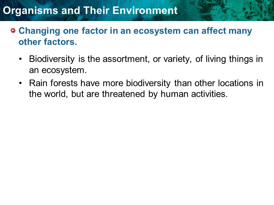 Organisms and Their Environment Changing one factor in an ecosystem can affect many other factors.