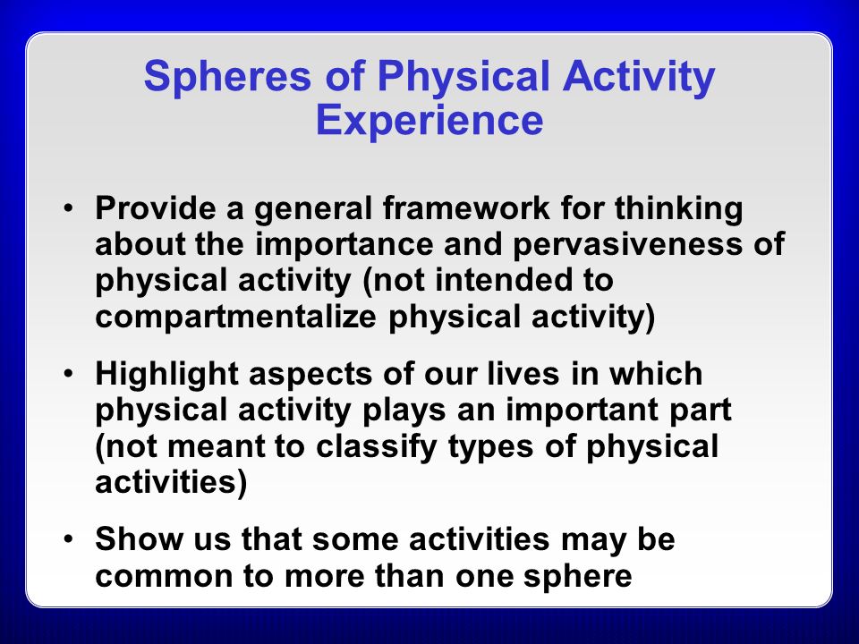 Spheres of Physical Activity Experience Provide a general framework for thinking about the importance and pervasiveness of physical activity (not intended to compartmentalize physical activity) Highlight aspects of our lives in which physical activity plays an important part (not meant to classify types of physical activities) Show us that some activities may be common to more than one sphere