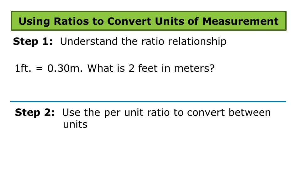 Step 1: Understand the ratio relationship Step 2: Use the per unit ratio to convert between units Using Ratios to Convert Units of Measurement 1ft.