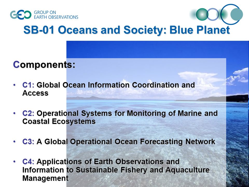 Components: C1: Global Ocean Information Coordination and AccessC1: Global Ocean Information Coordination and Access C2: Operational Systems for Monitoring of Marine and Coastal EcosystemsC2: Operational Systems for Monitoring of Marine and Coastal Ecosystems C3: A Global Operational Ocean Forecasting NetworkC3: A Global Operational Ocean Forecasting Network C4: Applications of Earth Observations and Information to Sustainable Fishery and Aquaculture ManagementC4: Applications of Earth Observations and Information to Sustainable Fishery and Aquaculture Management SB-01 Oceans and Society: Blue Planet