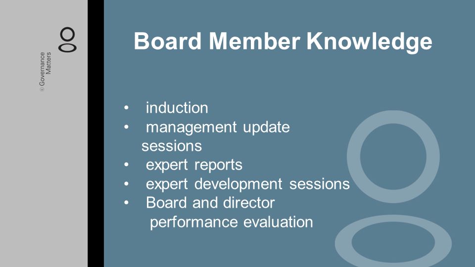 induction management update sessions expert reports expert development sessions Board and director performance evaluation Board Member Knowledge