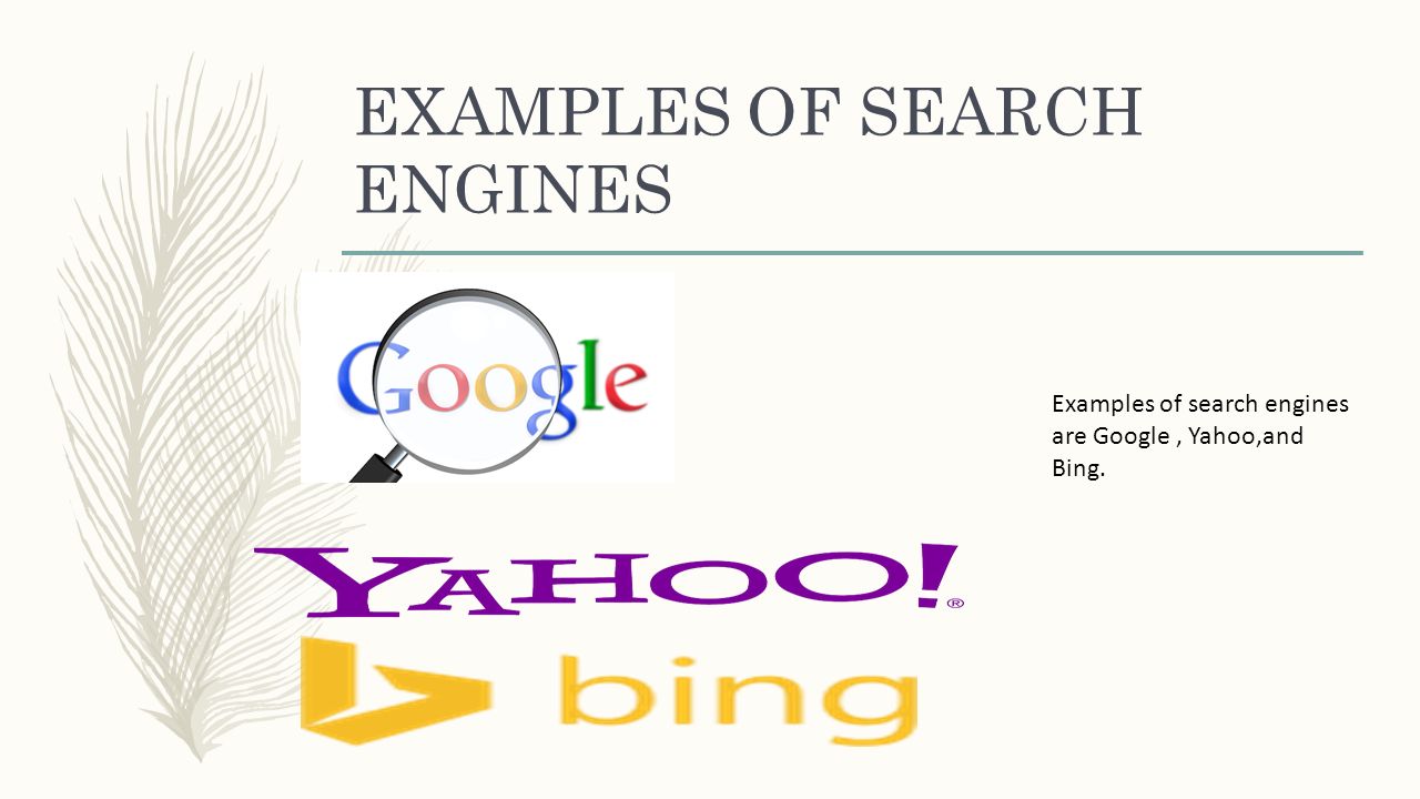 EXAMPLES OF SEARCH ENGINES Examples of search engines are Google, Yahoo,and Bing.