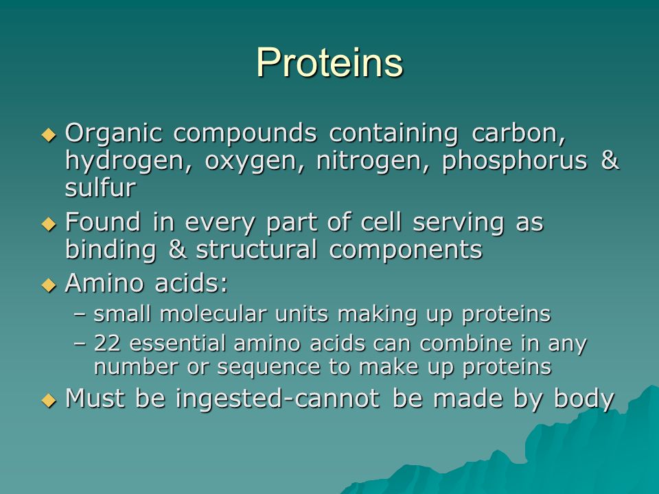 Proteins  Organic compounds containing carbon, hydrogen, oxygen, nitrogen, phosphorus & sulfur  Found in every part of cell serving as binding & structural components  Amino acids: –small molecular units making up proteins –22 essential amino acids can combine in any number or sequence to make up proteins  Must be ingested-cannot be made by body