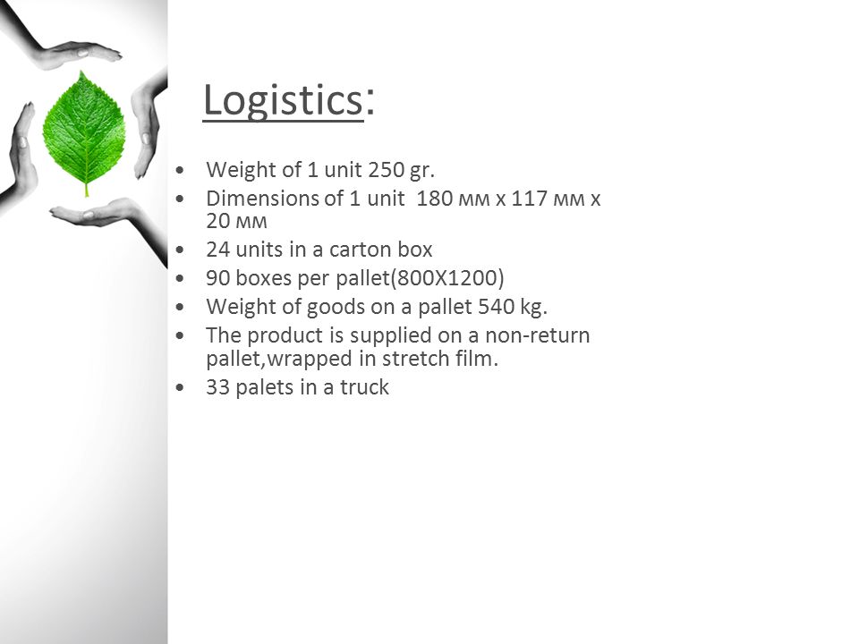 Logistics : Weight of 1 unit 250 gr.