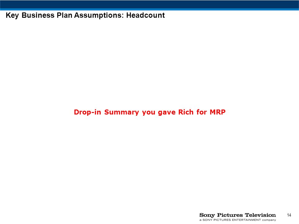 14 Key Business Plan Assumptions: Headcount Drop-in Summary you gave Rich for MRP