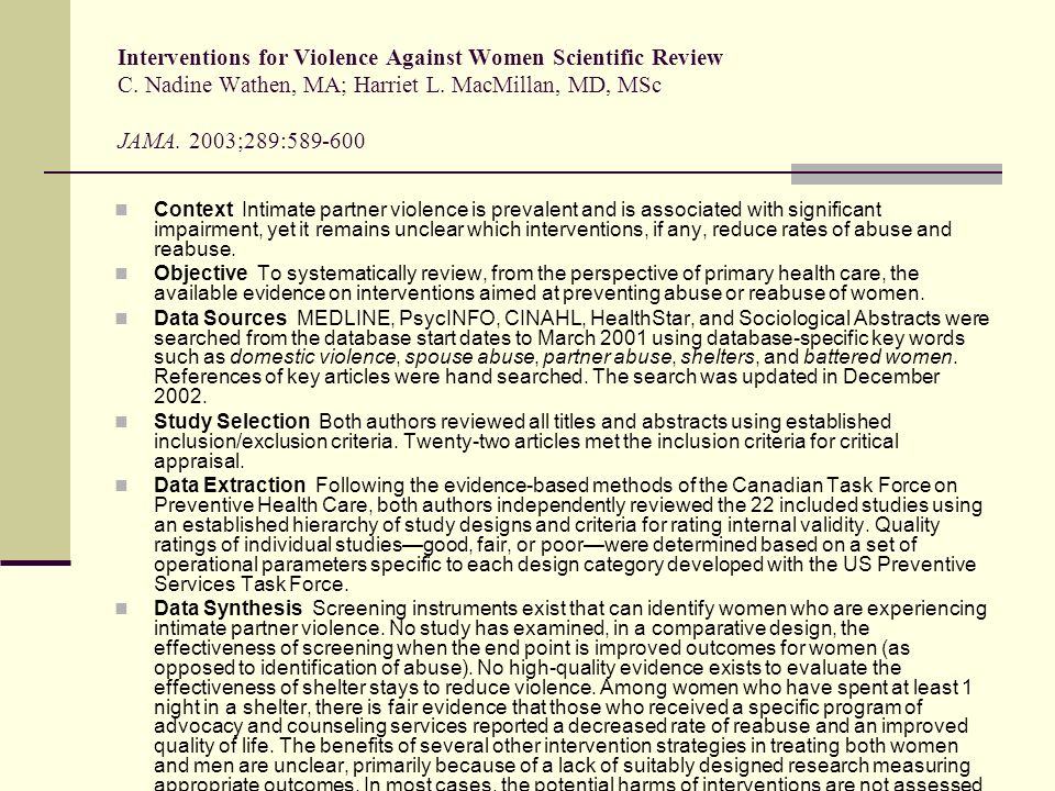 Interventions for Violence Against Women Scientific Review C.