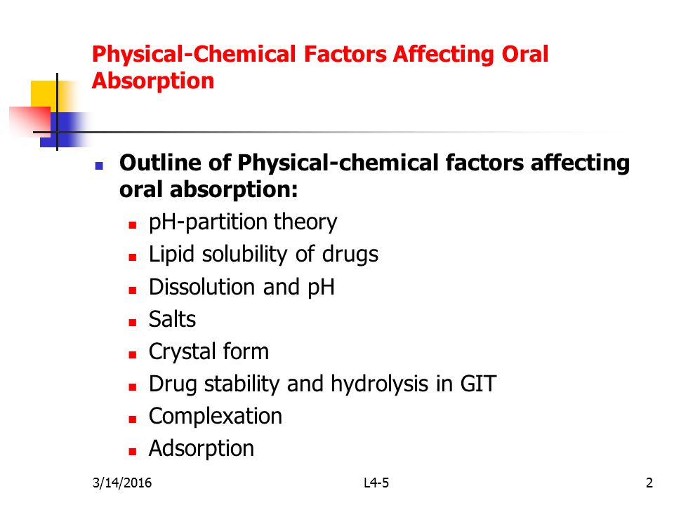 Physical-Chemical Factors Affecting Oral Absorption Outline of Physical-chemical factors affecting oral absorption: pH-partition theory Lipid solubility of drugs Dissolution and pH Salts Crystal form Drug stability and hydrolysis in GIT Complexation Adsorption 3/14/20162L4-5