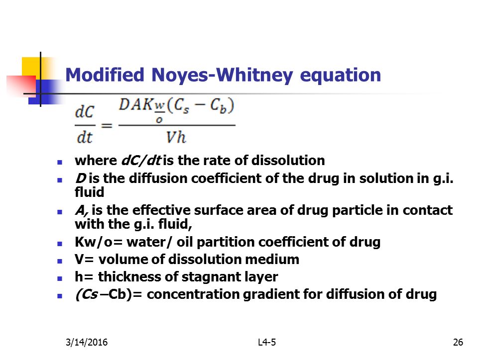 3/14/ Modified Noyes-Whitney equation where dC/dt is the rate of dissolution D is the diffusion coefficient of the drug in solution in g.i.