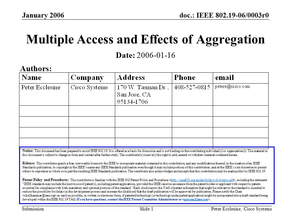 doc.: IEEE /0003r0 Submission January 2006 Peter Ecclesine, Cisco SystemsSlide 1 Multiple Access and Effects of Aggregation Notice: This document has been prepared to assist IEEE
