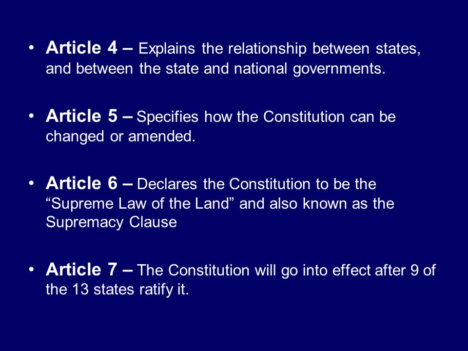 Article 4 – Explains the relationship between states, and between the state and national governments.