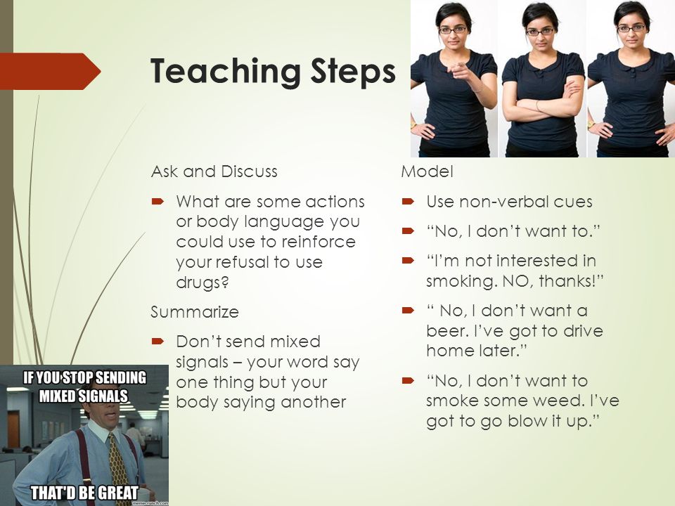 Teaching Steps Ask and Discuss  What are some actions or body language you could use to reinforce your refusal to use drugs.