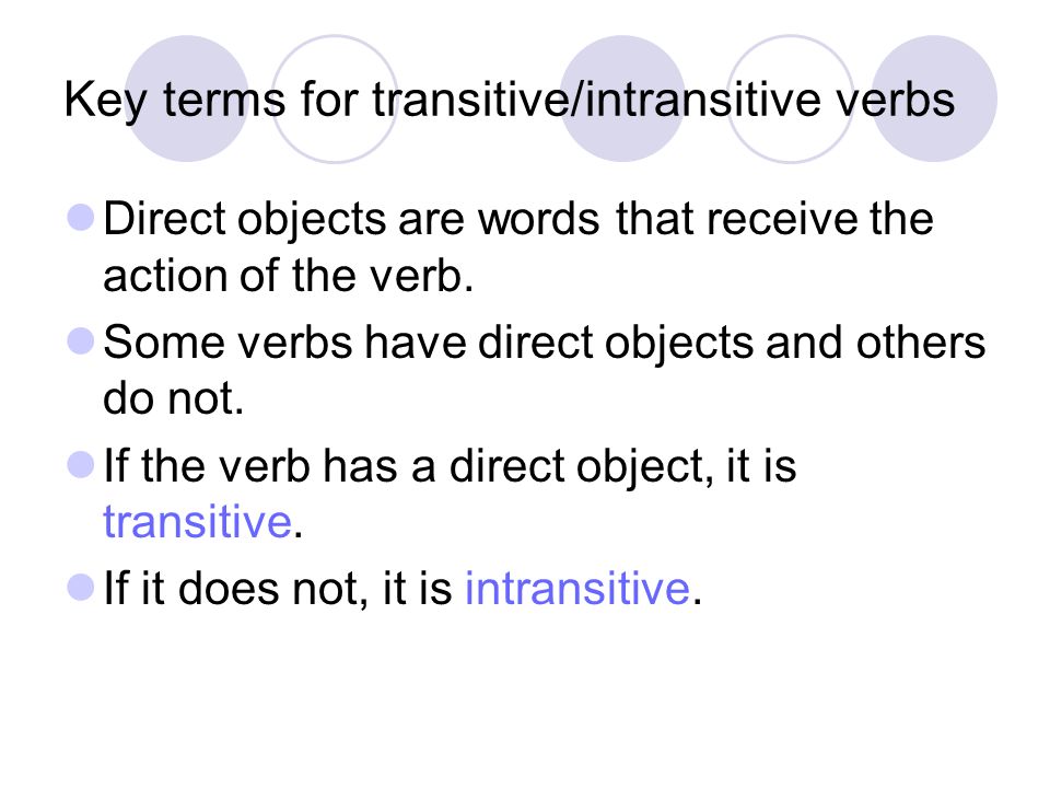 Transitive and Intransitive Verbs. Key terms for transitive ...