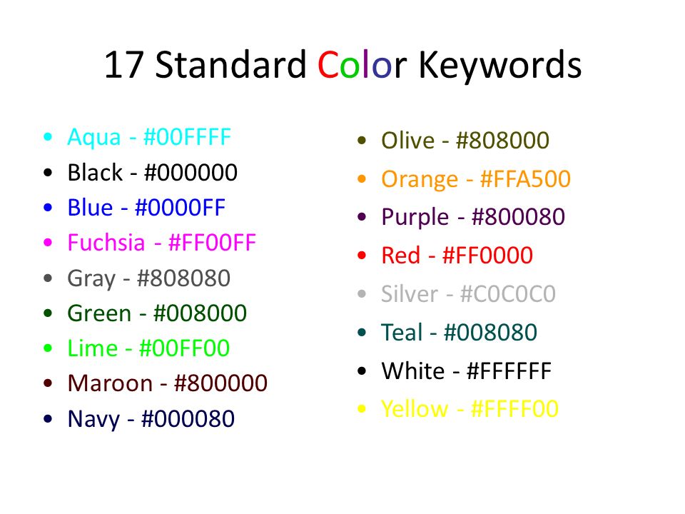 ColorsColors. Color Keywords/Names 140 color keywords/names are defined in  the HTML and CSS color specification –17 standard colors (HTML accepts 16  of. - ppt download