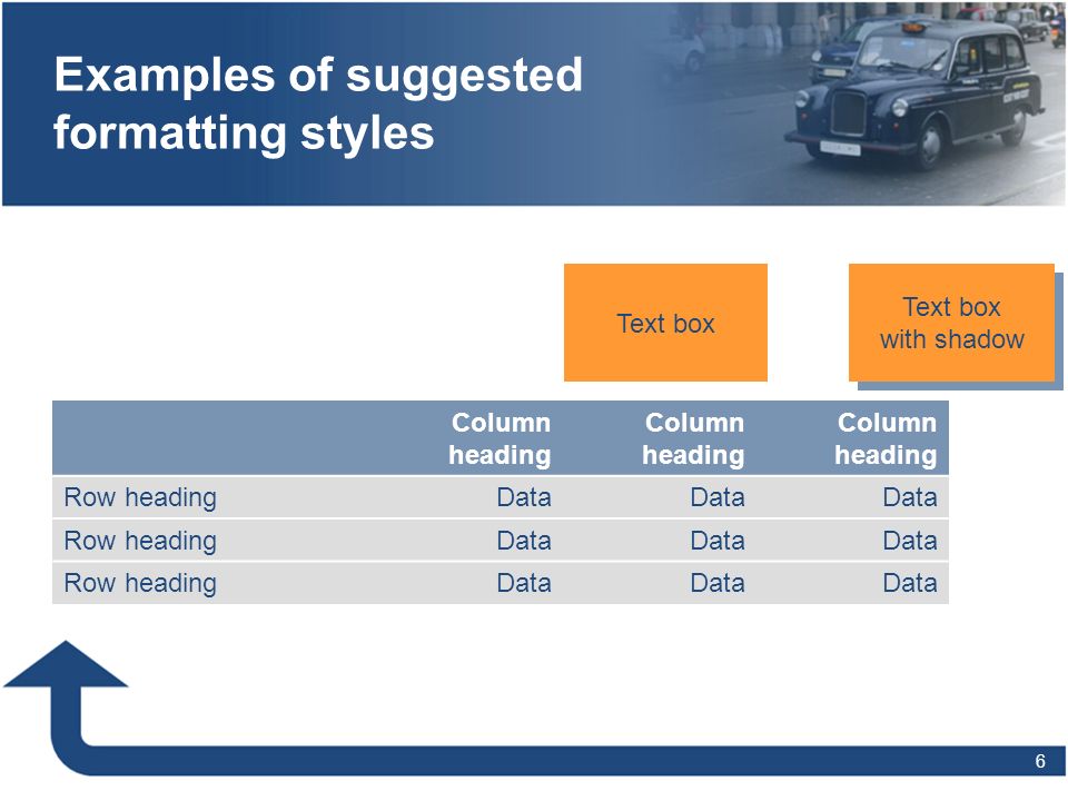 6 Examples of suggested formatting styles Column heading Row headingData Row headingData Row headingData Text box with shadow Text box with shadow
