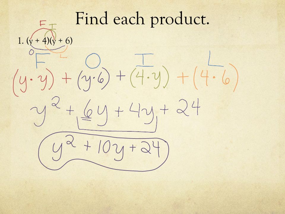 Find each product. 1. (y + 4)(y + 6)