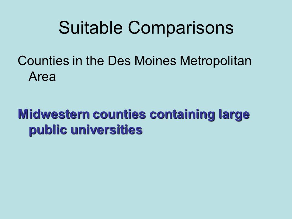 Suitable Comparisons Counties in the Des Moines Metropolitan Area Midwestern counties containing large public universities