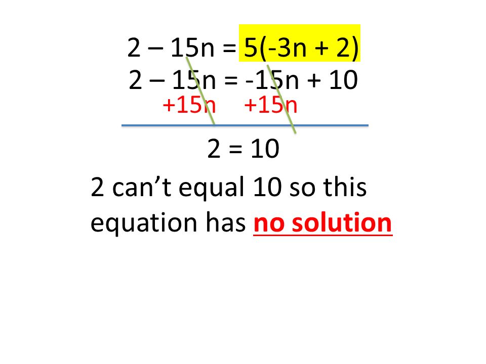 2 – 15n = 5(-3n + 2) 2 – 15n = -15n n 2 = 10 2 can’t equal 10 so this equation has no solution
