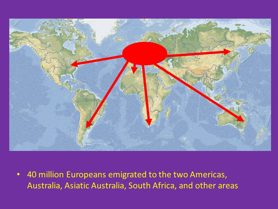 European Migration from million Europeans emigrated to the two Americas, Australia, Asiatic Australia, South Africa, and other areas